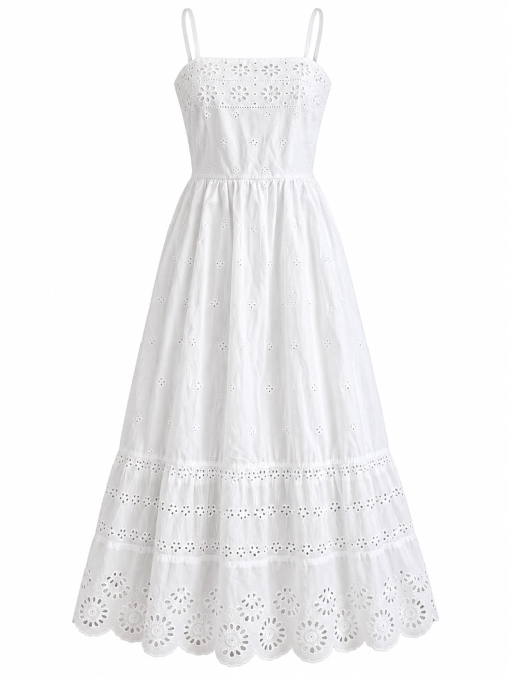 Japna White Cotton Eyelet Smocked Tiered Maxi Dress Cottagecore Boho | Large